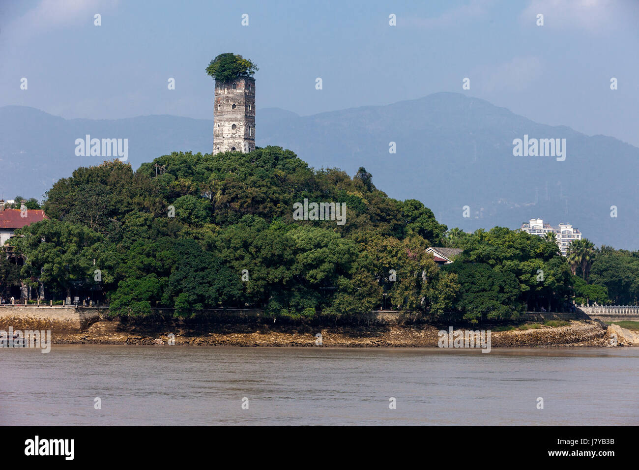 Wenzhou, Zhejiang, China.  Jiangxin Island, Oujiang River.  East Pagoda, rebuilt 1141. Stock Photo