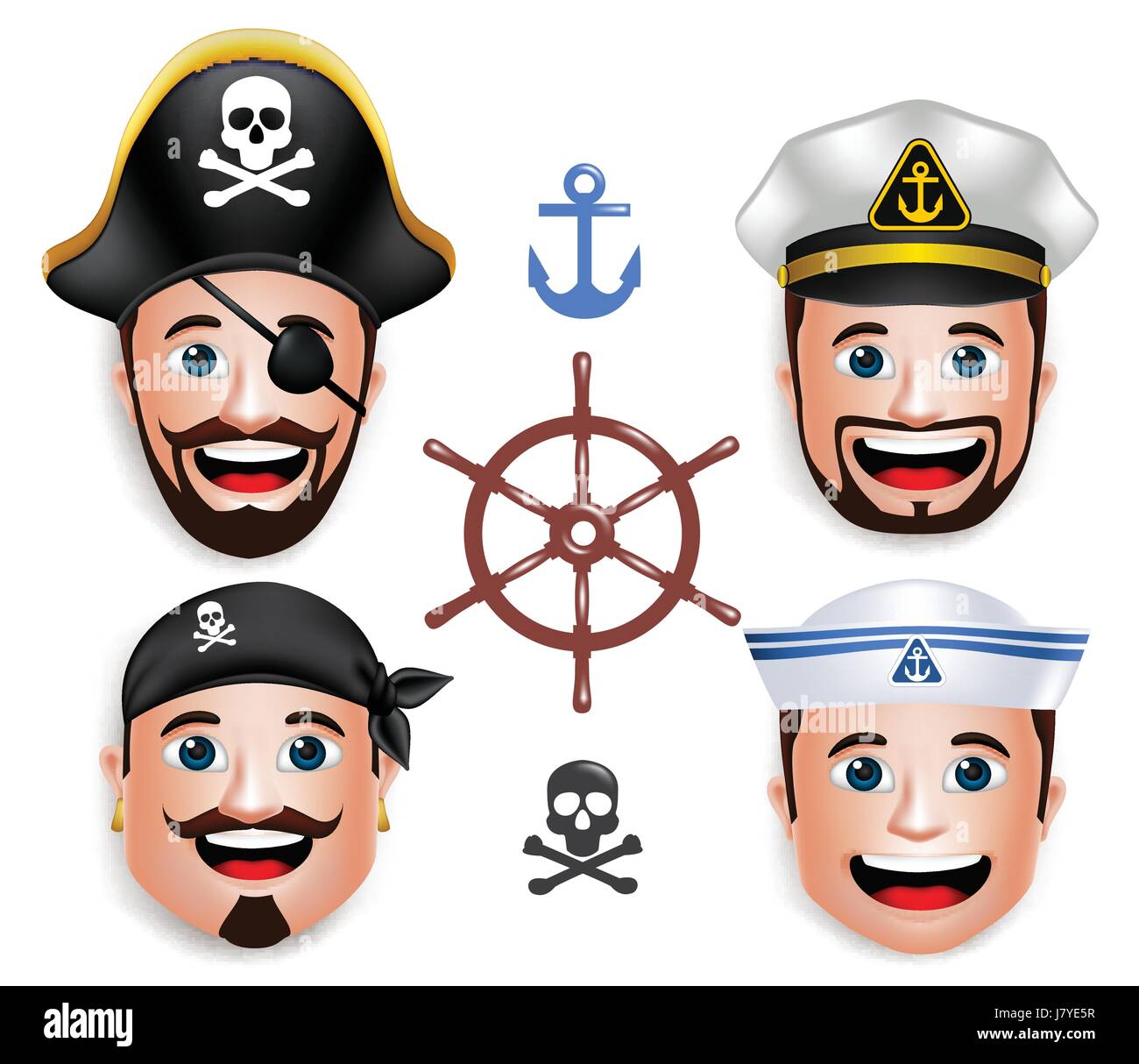 Vector Set of Realistic Face Head of Man Sailors like Pirates and Ship Crew with Hats Isolated in White Background. Vector Illustration Stock Vector