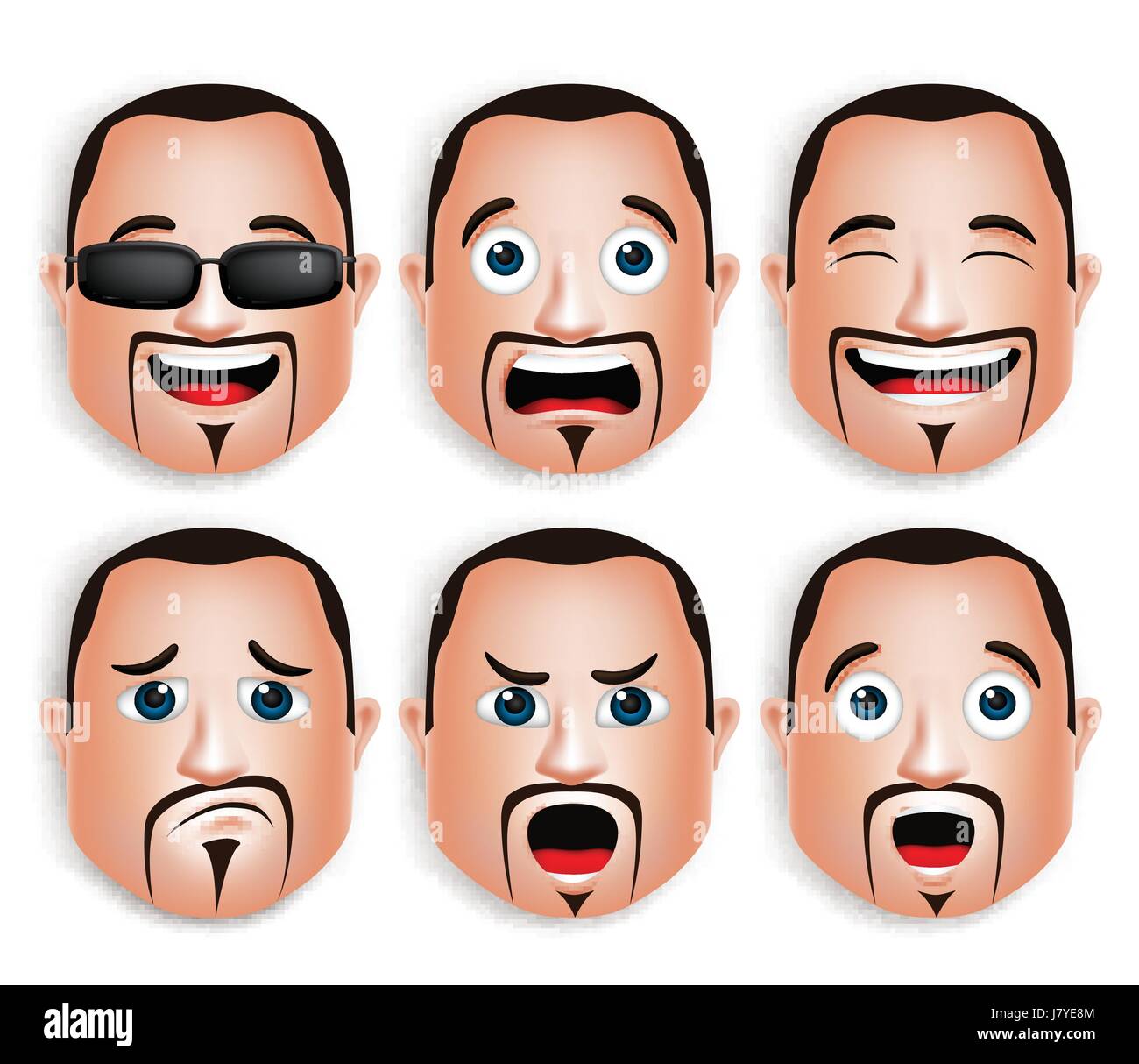 Vector Set of Realistic Big Fat Man Head with Different Facial