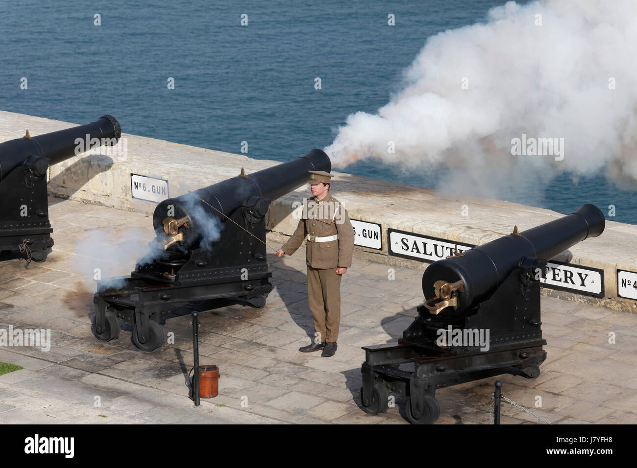 Saluting Battery, cannon shot at 4 pm, afternoon, Valletta, Malta Stock Photo