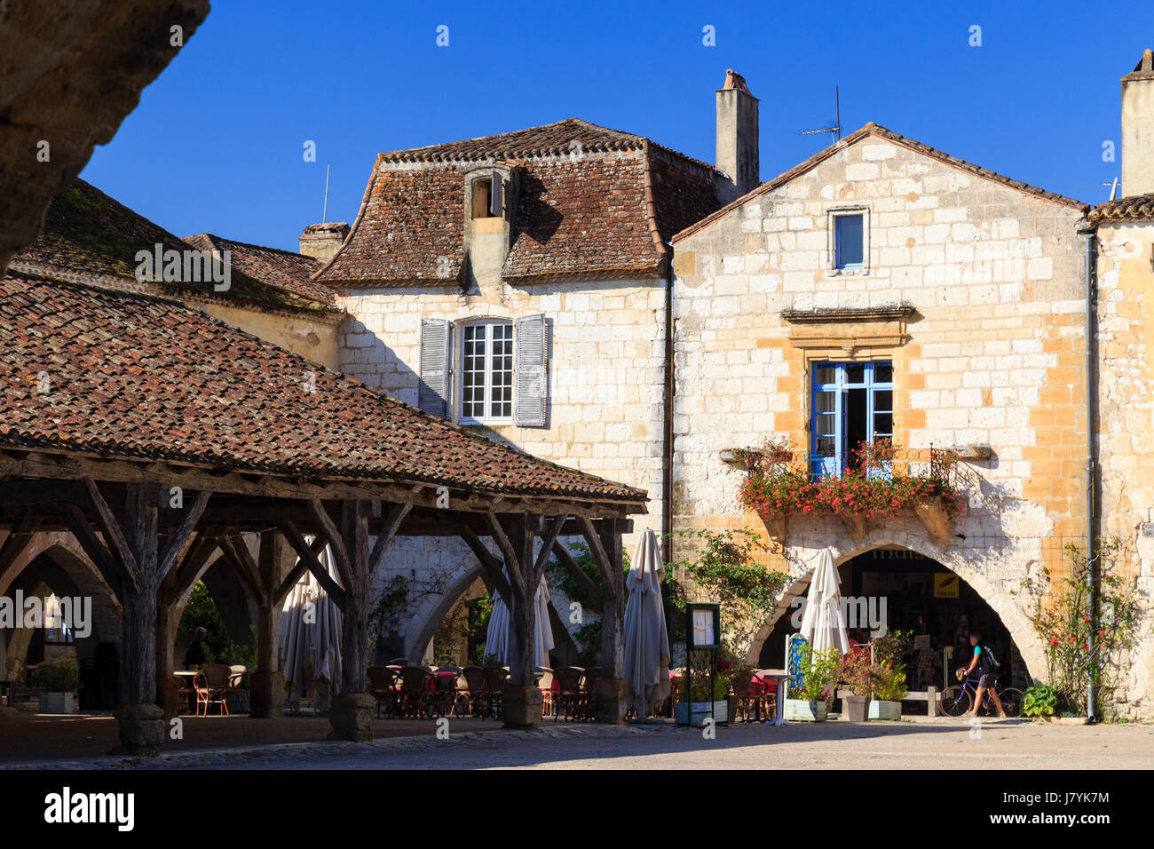 France, Dordogne, Monpazier, labelled Les Plus Beaux Villages de France (The Most beautiful Villages of France), Cornieres square and Hall Stock Photo