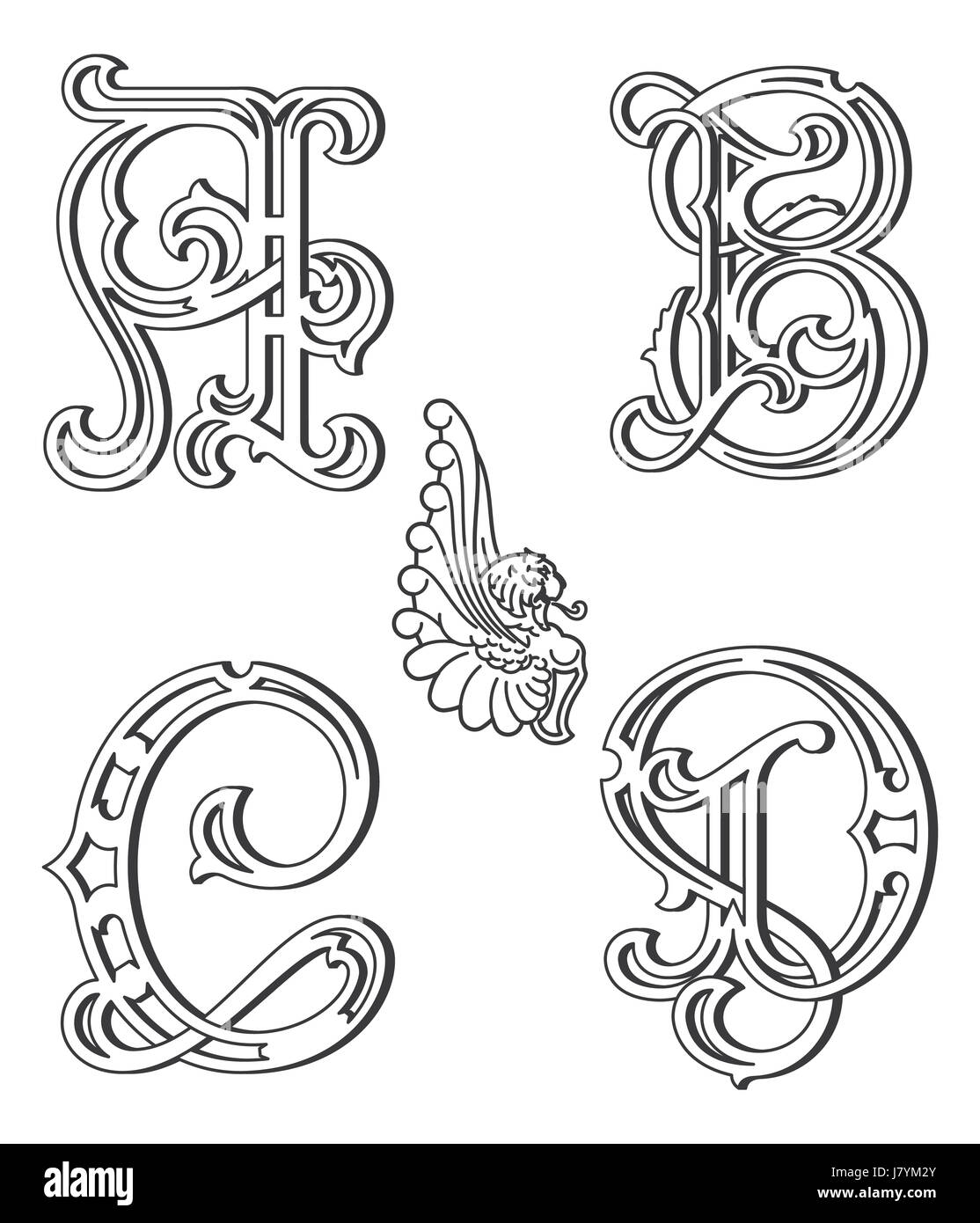 Vector set of uppercase black on white decorative font family typeface Stock Photo