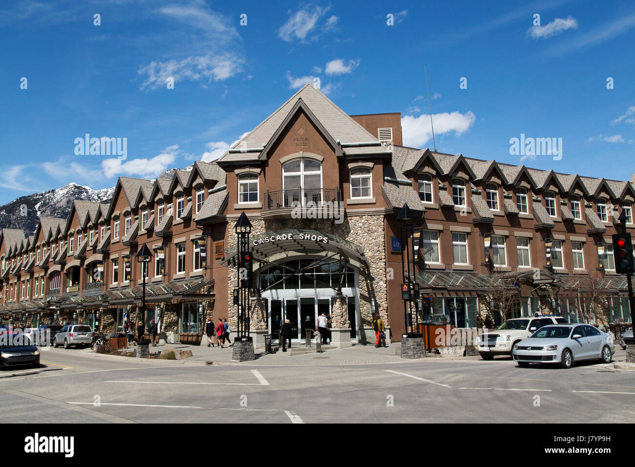 Facade of the Cascade Shops in Banff, Canada. It os one of several shopping centres in the town. Stock Photo