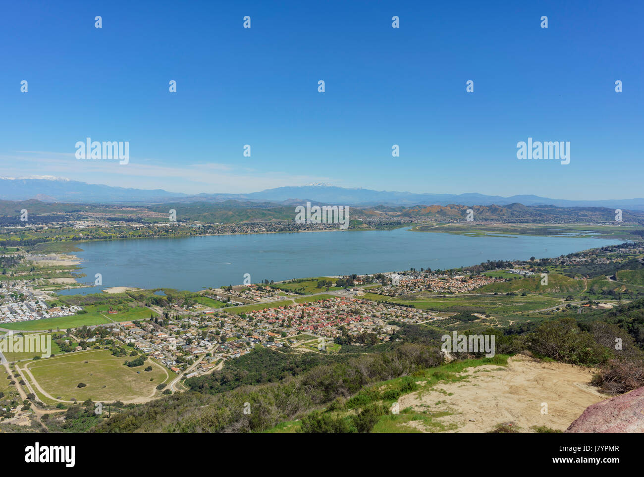 Aerial view of Lake Elsinore and the cityscape, California Stock Photo