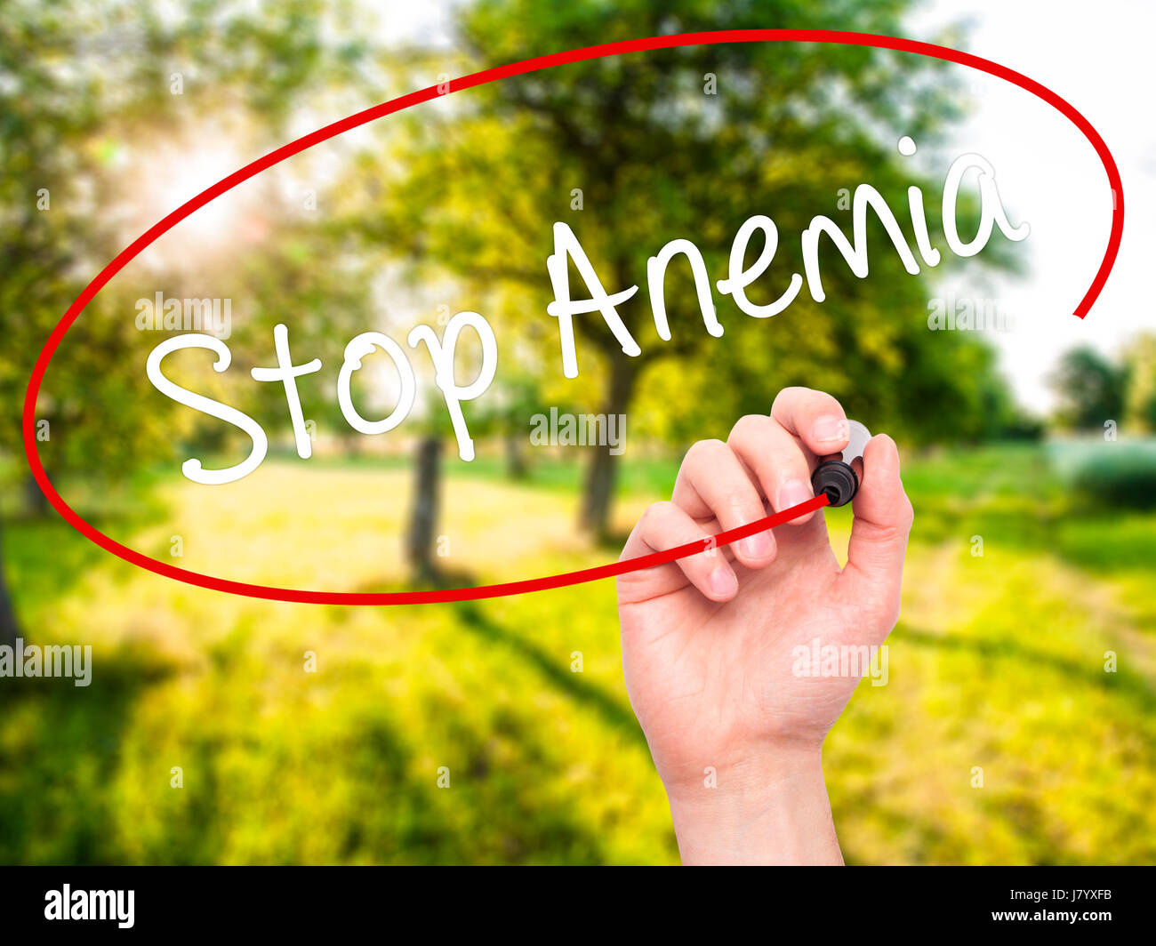 Man Hand writing Stop Anemia with black marker on visual screen. Isolated on background. Business, technology, internet concept. Stock Photo Stock Photo