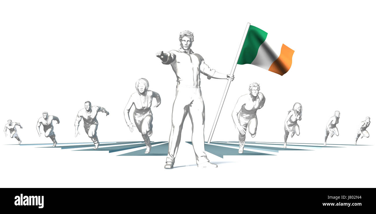 Ireland Racing to the Future with Man Holding Flag Stock Photo