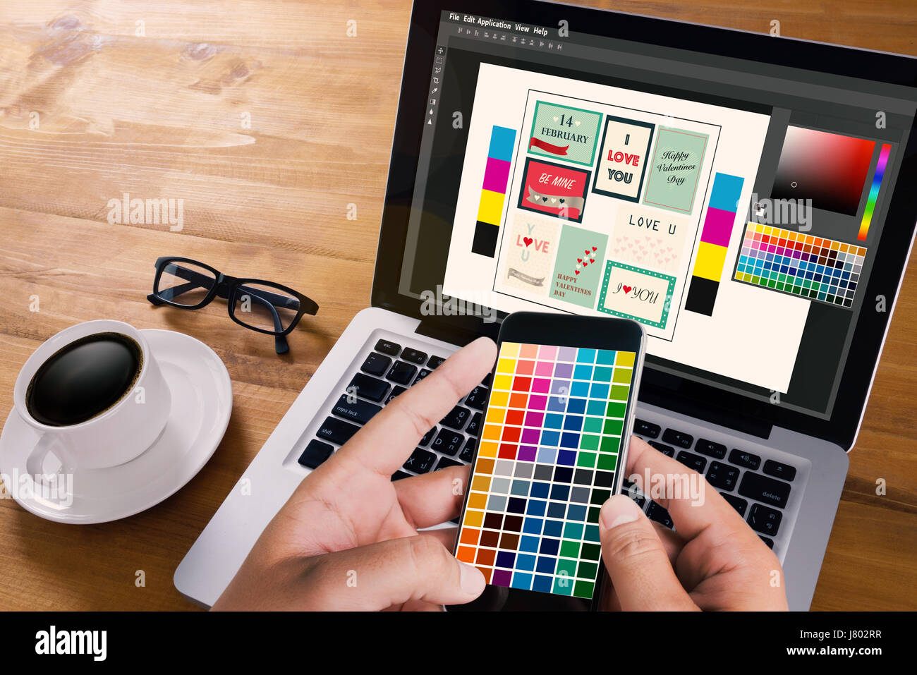 Creative Designer Graphic at work. Color swatch samples, Illustrator