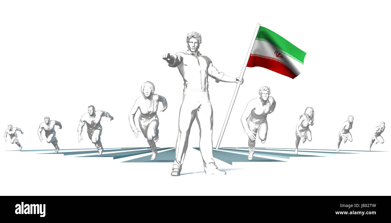 Iran Racing to the Future with Man Holding Flag Stock Photo