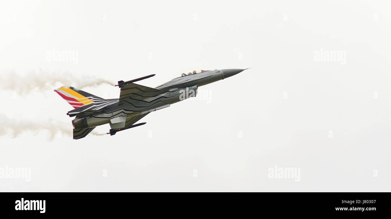 CASLAV, CZECH REPUBLICMAY 20, 2017: Single engine supersonic multirole fighter F-16 Fighting Falcon aircraft of Belgian Air Force in flight. Stock Photo