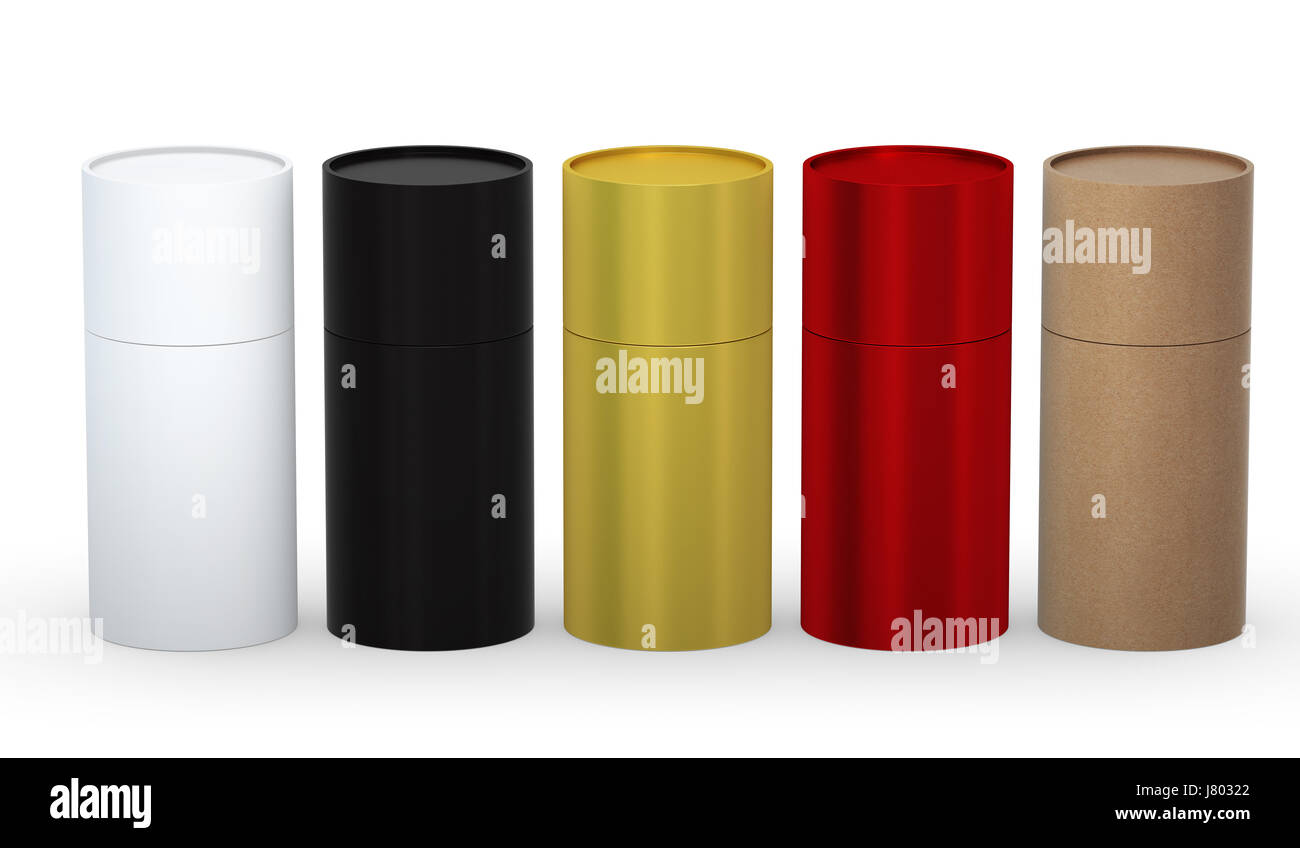 Blank cylindrical box packaging  with variety material set, clipping path included. Stock Photo