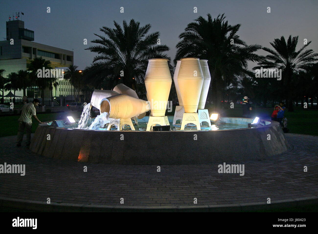 The Water Jar fountain on the Corniche at Doha, Qatar, illuminated by