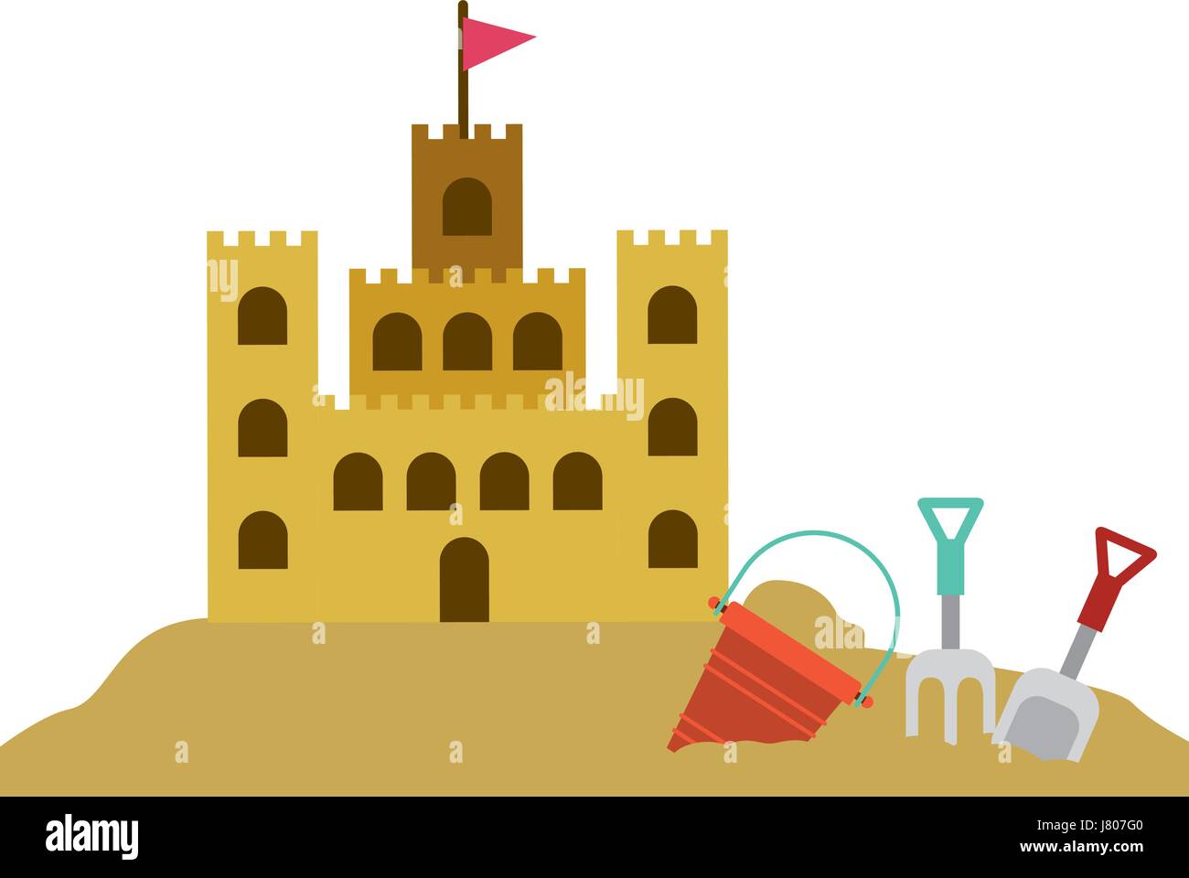 color silhouette with sand castle and set tools for playing in sand