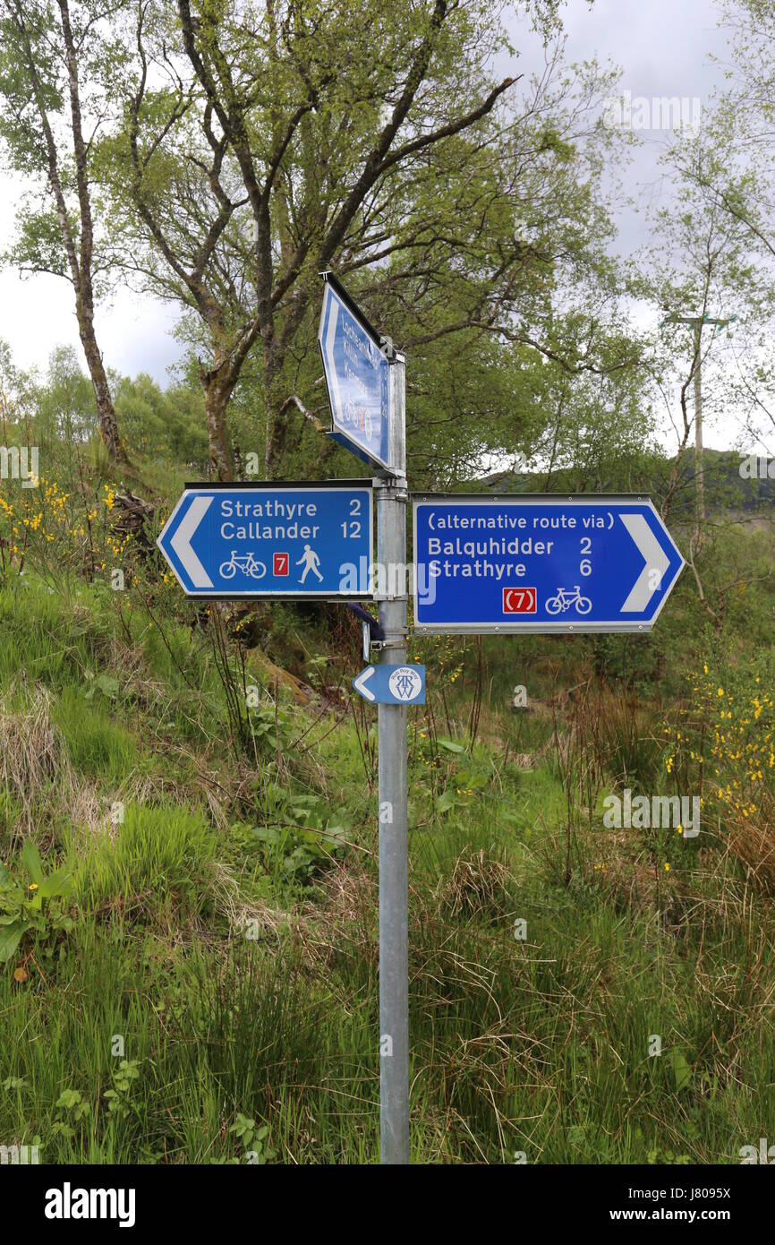 Sign on National Cycle Route 7 and Rob Roy Way near Balquhidder Scotland  May 2017 Stock Photo