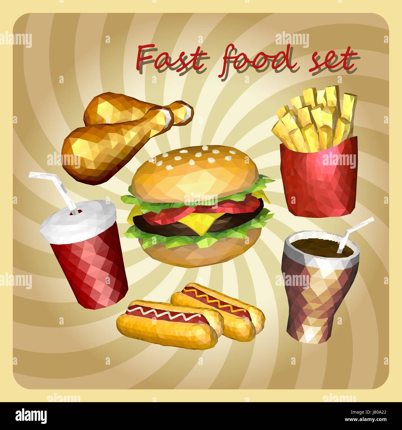 Polygon Retro style fast foods set, consist of  hamburger, fried chicken, hot dog, french fries and soft drink Stock Vector