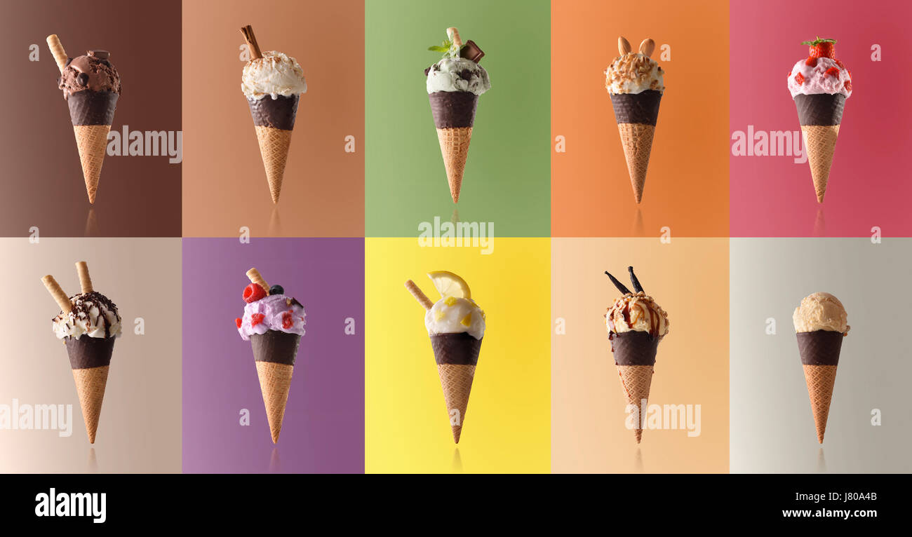 Assortment of natural fruit ice cream isolated with representative color background in a pattern. Front view Stock Photo