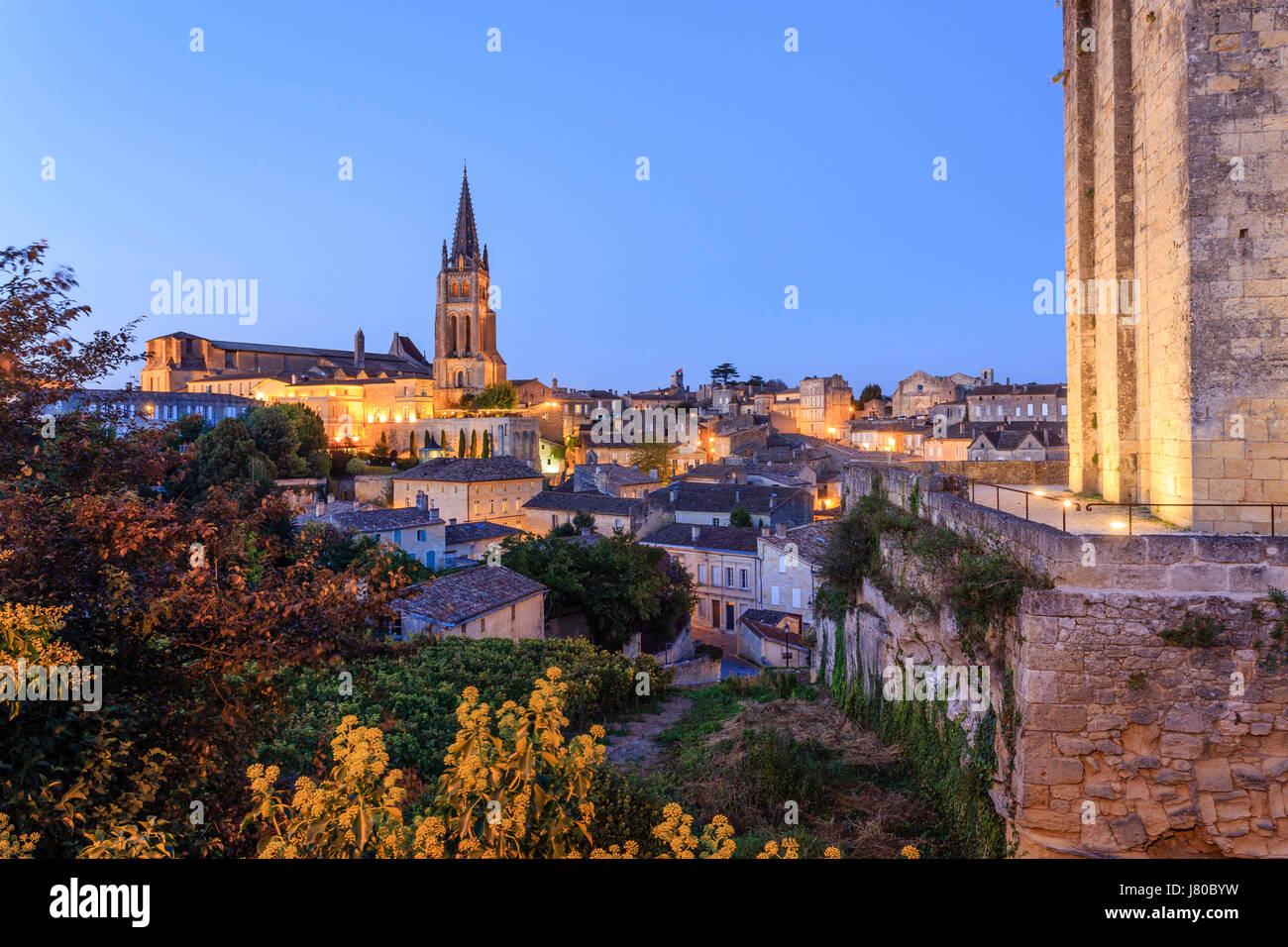 France, Gironde, Saint Emilion, listed as World Heritage by UNESCO, bell tower of the monolithic church, the tower of the King at night Stock Photo