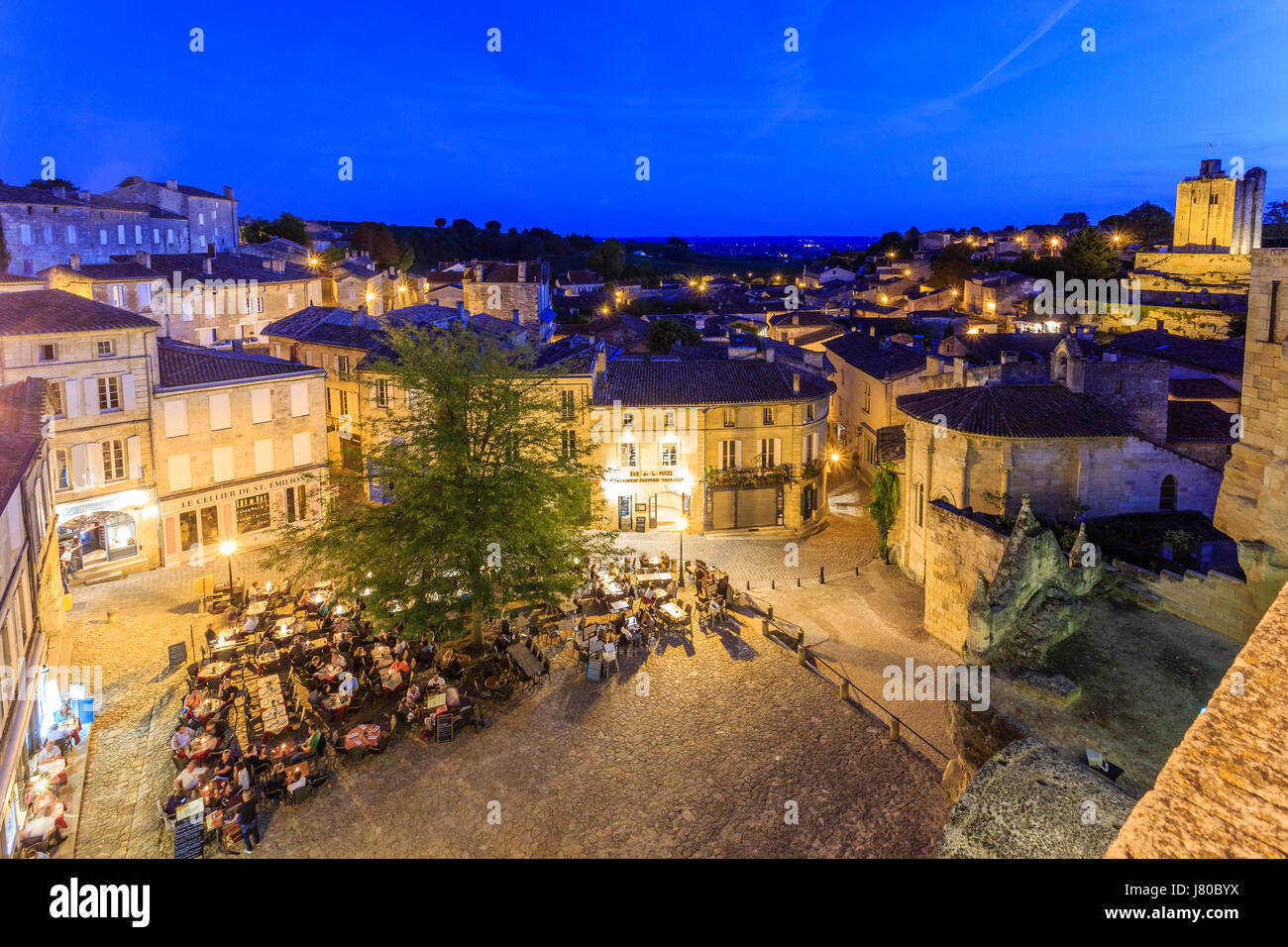 France, Gironde, Saint Emilion, listed as World Heritage by UNESCO, the main square at night Stock Photo