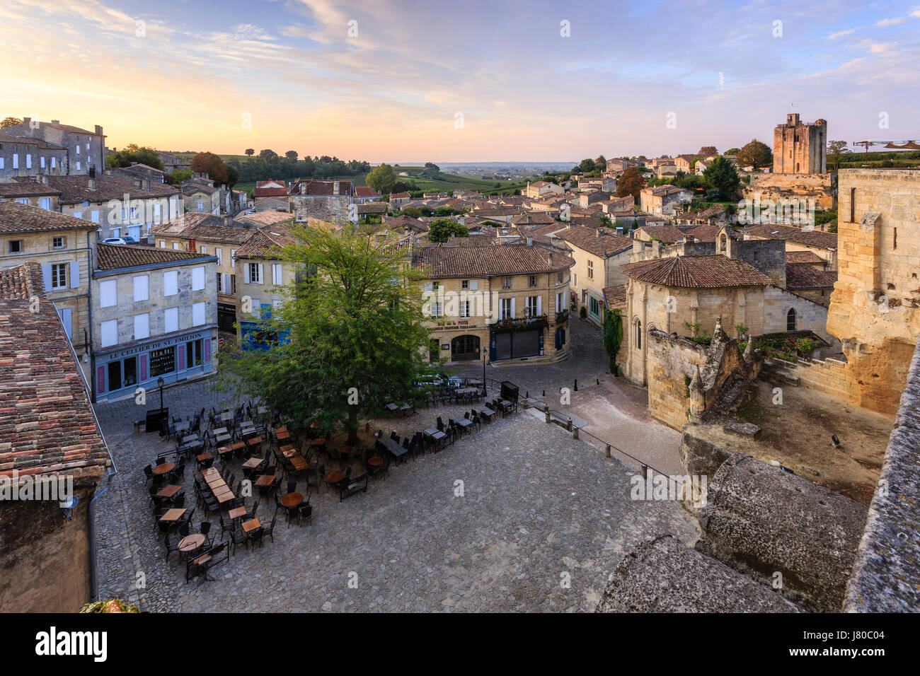 France, Gironde, Saint Emilion, listed as World Heritage by UNESCO, the main square in the morning Stock Photo