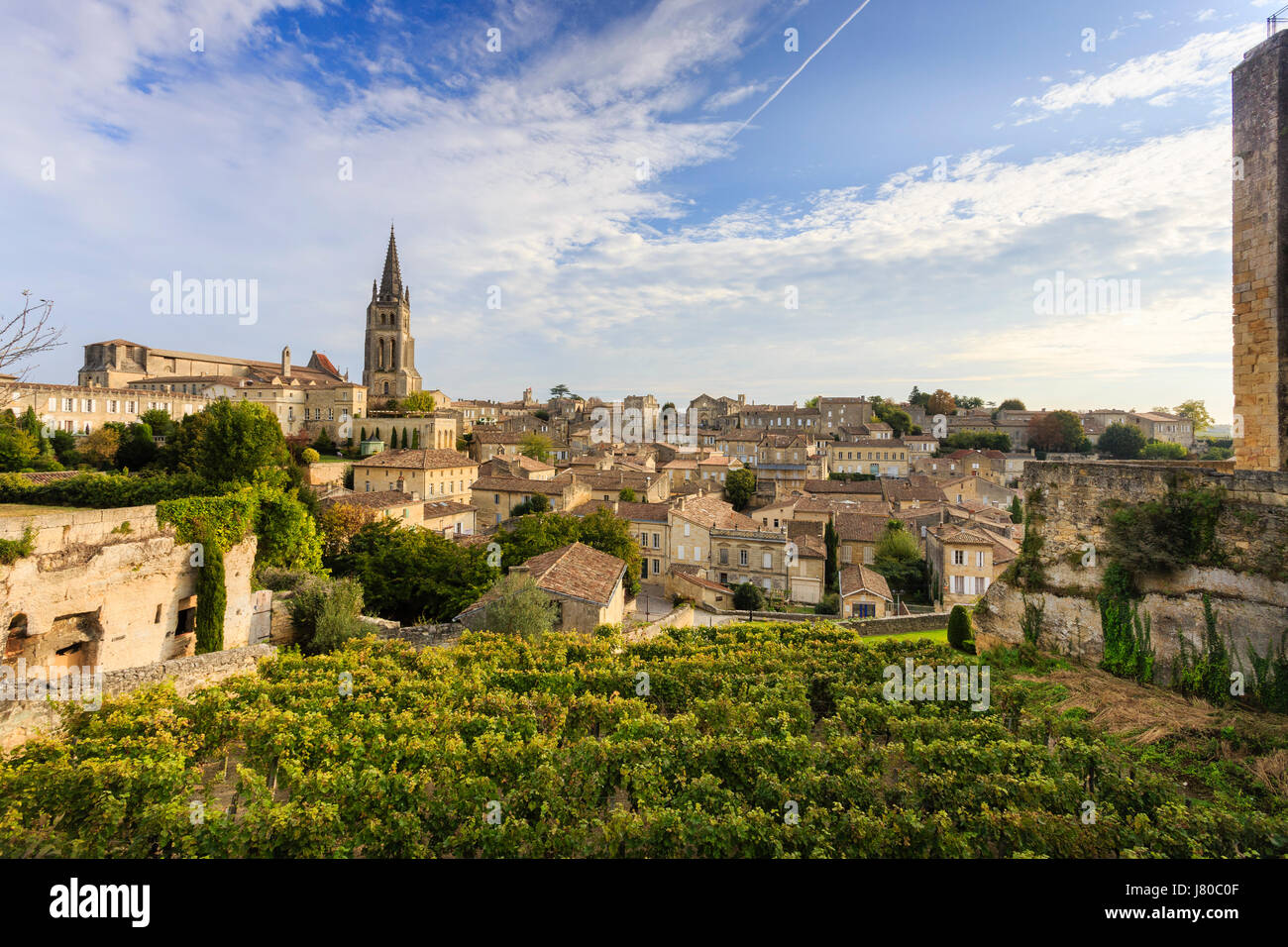 France, Gironde, Saint Emilion, listed as World Heritage by UNESCO, bell tower of the monolithic church, the tower of the King right Stock Photo