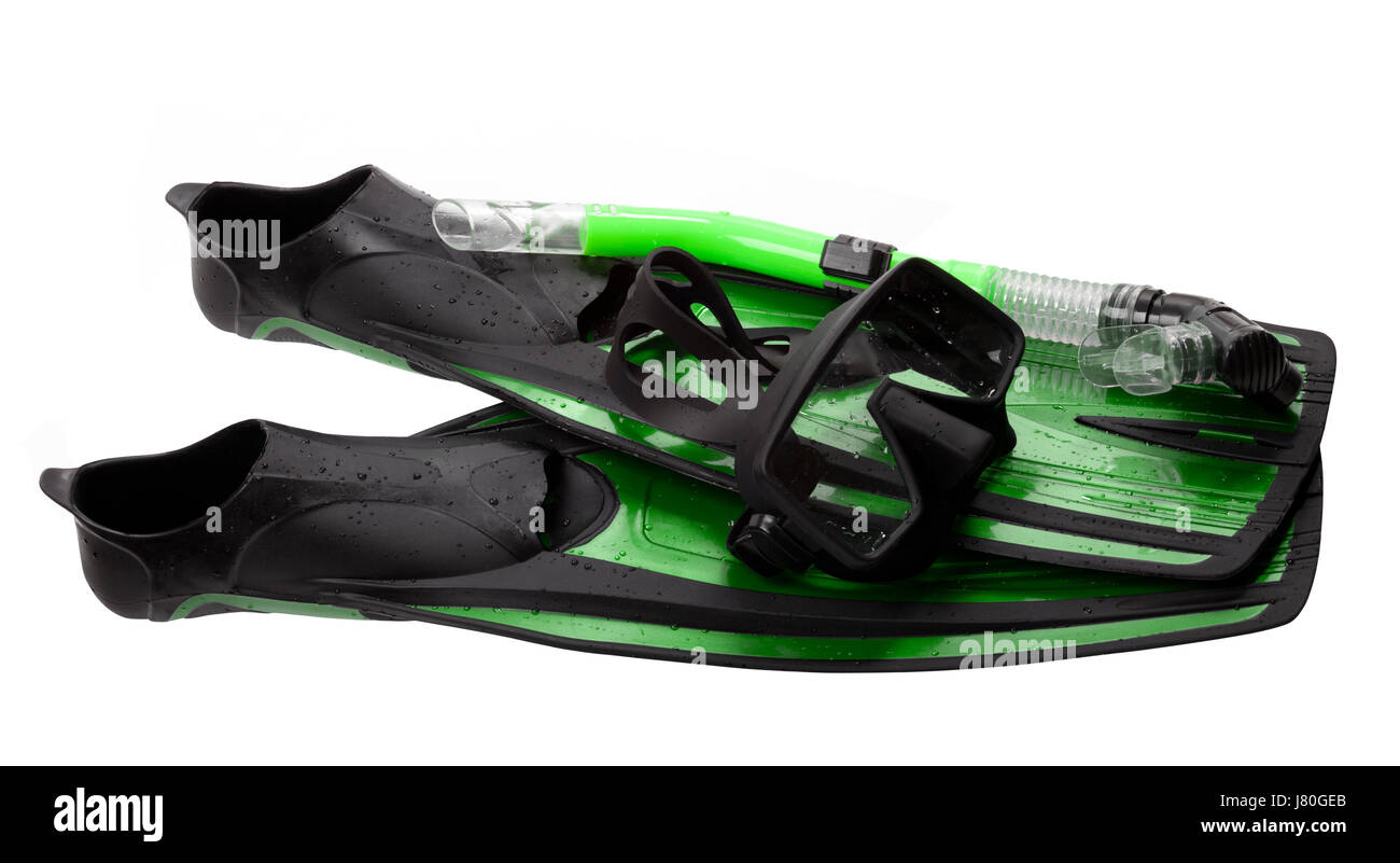 Mask, snorkel and flippers with water drops. Isolated on white ...