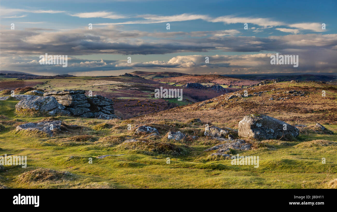 View from Holwell Tor towards Hound Tor in Dartmoor National Park Stock Photo