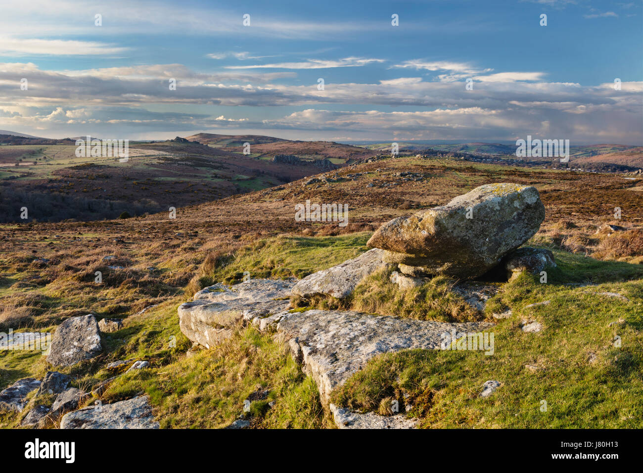 View from Staple Tor towards Hound Tor in Dartmoor National Park Stock Photo