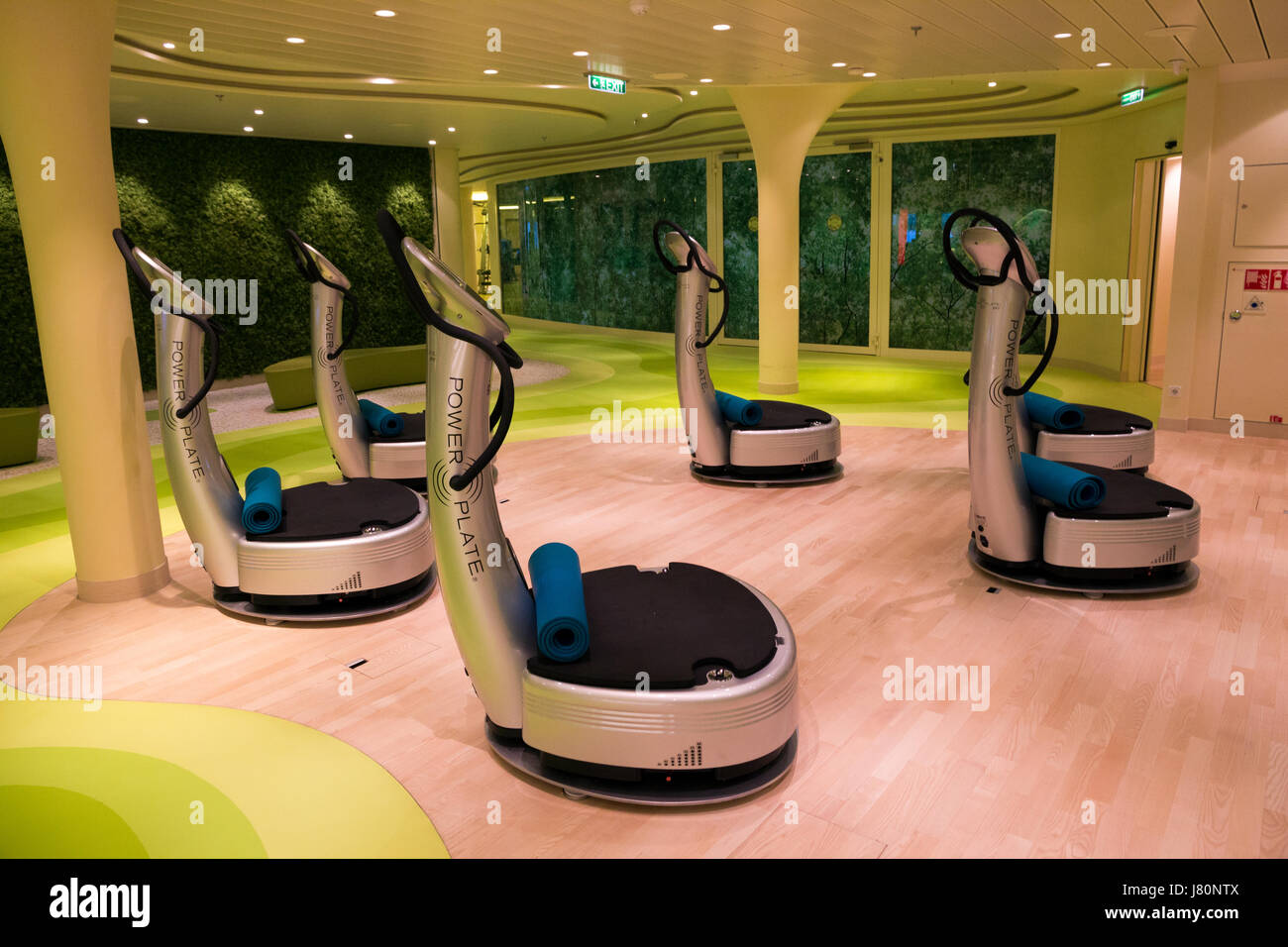 ROTTERDAM - NOV 24, 2016: Power Plates in the fitness center on board of the AIDAprima cruise ship. Stock Photo
