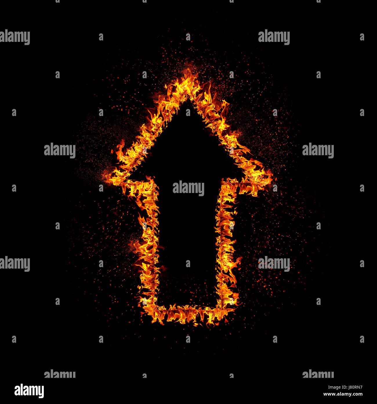 Flaming arrow grow up isolated on black background. Stock Photo