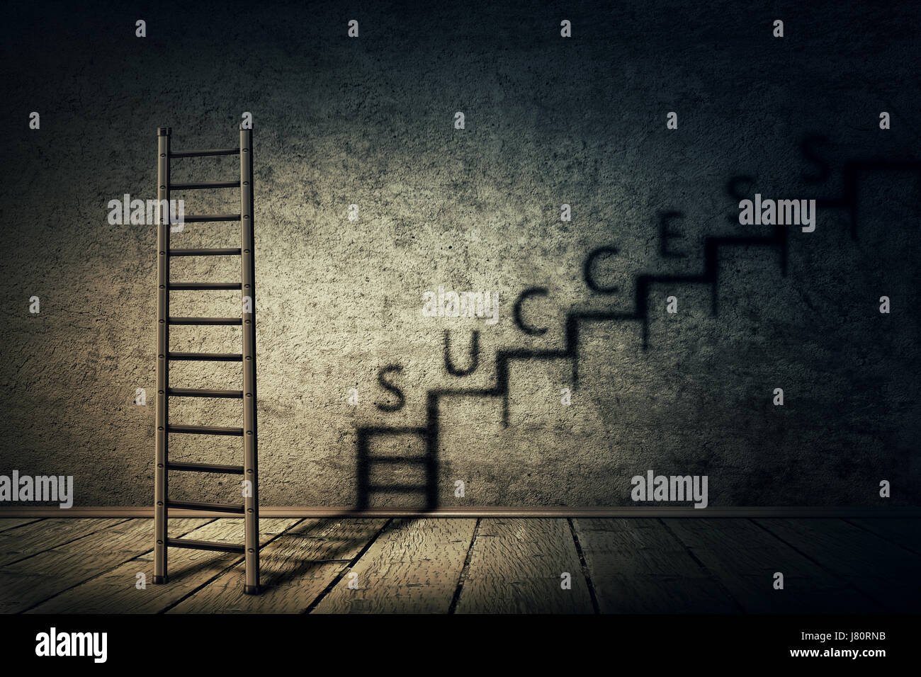 Creative idea concept with ladder in a dark room casting a shadow in a staircase shape as an infinite rise. Business aspirations, ambitions and succes Stock Photo