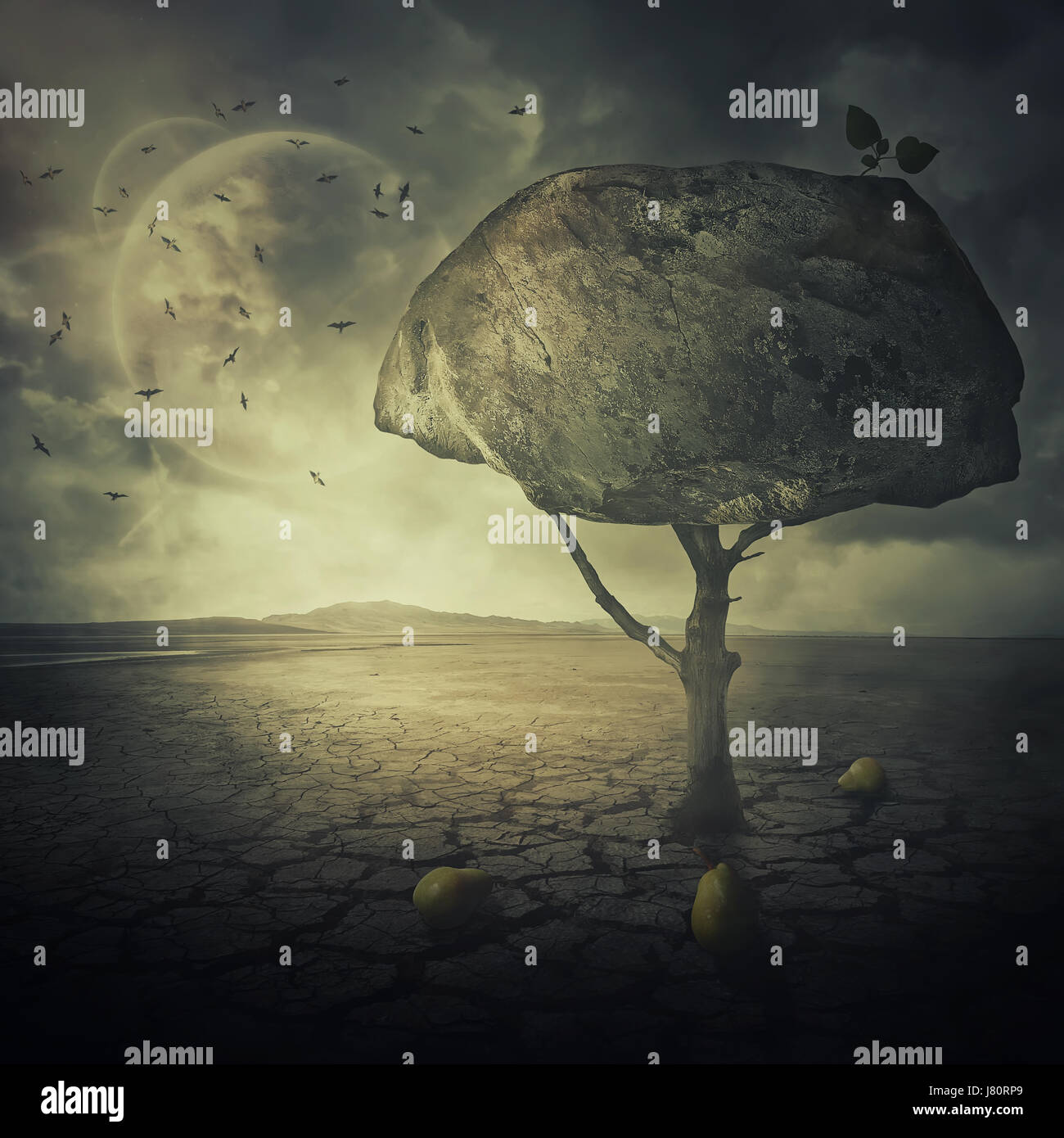 Surreal background as a bizarre pear tree with a big rock instead of the leaves crown, placed in the middle of a cracked desert ground of another plan Stock Photo