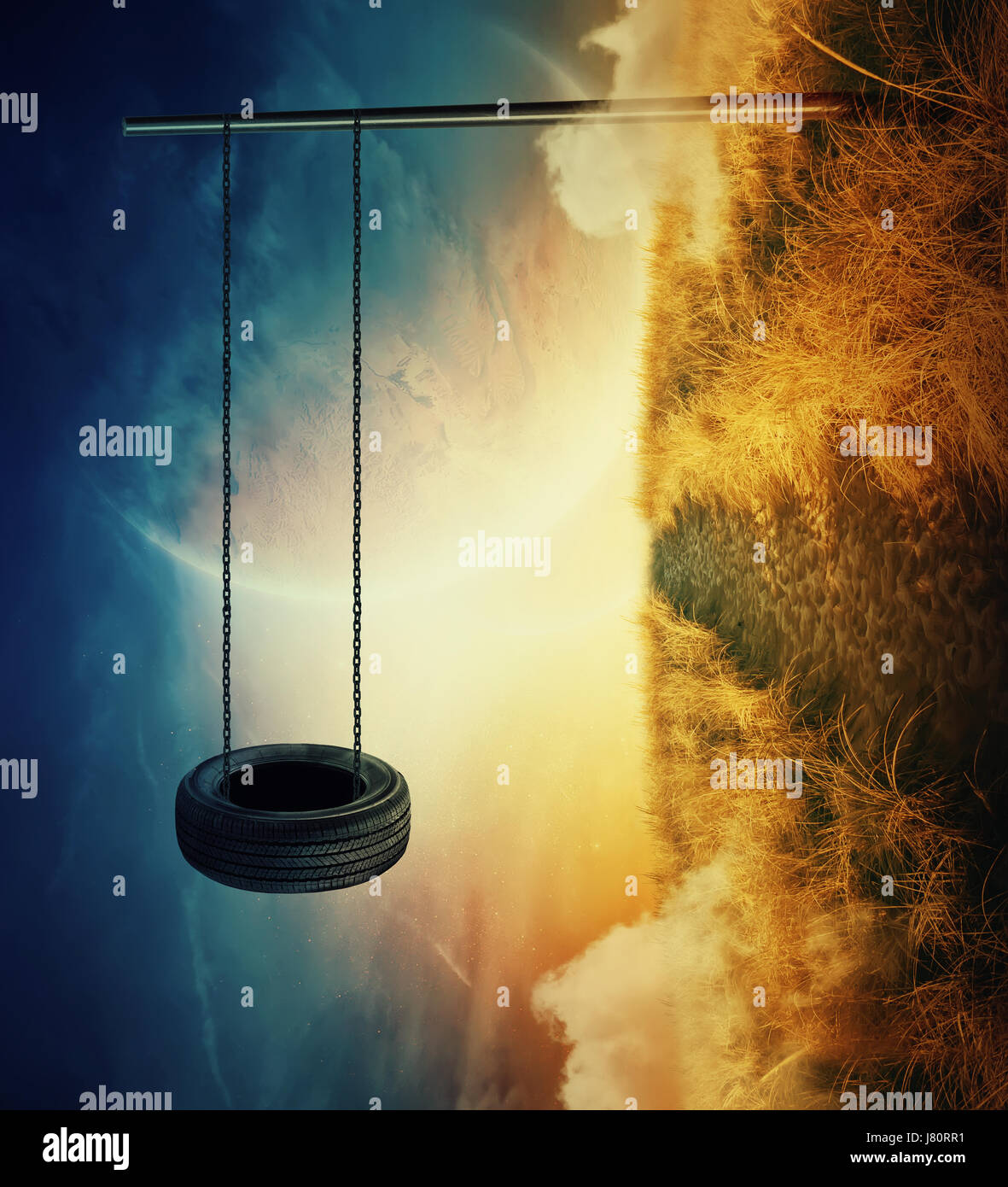Suspended tire swing bound with a chain to a metallic pillar on a planet with different gravitation. Breaking the physical laws in the distant cosmos. Stock Photo