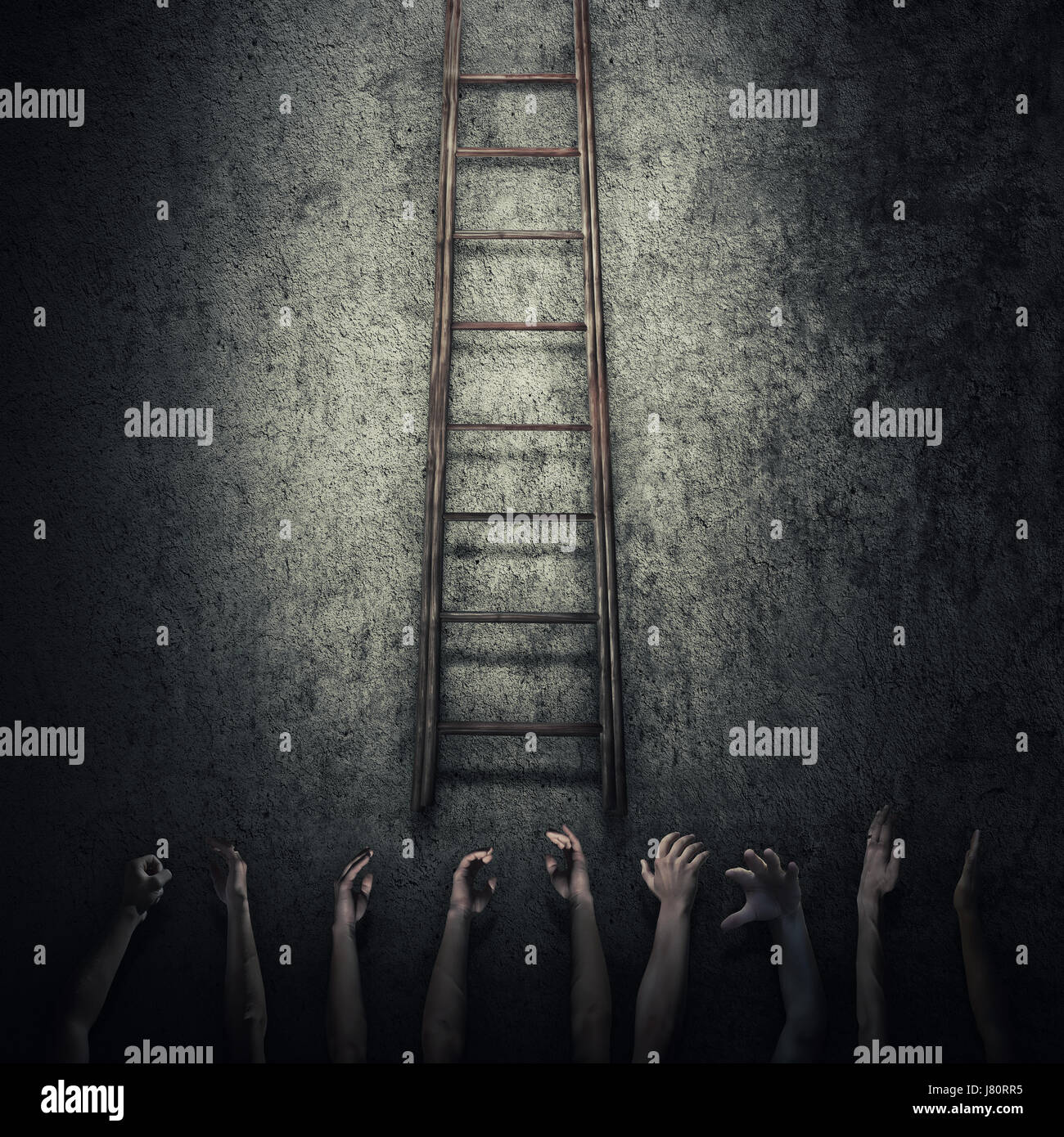 Abstract idea concept as a lot of human hands stretched out to reach a ladder and escape from a dark room prison. Surrounded by limitations, danger an Stock Photo