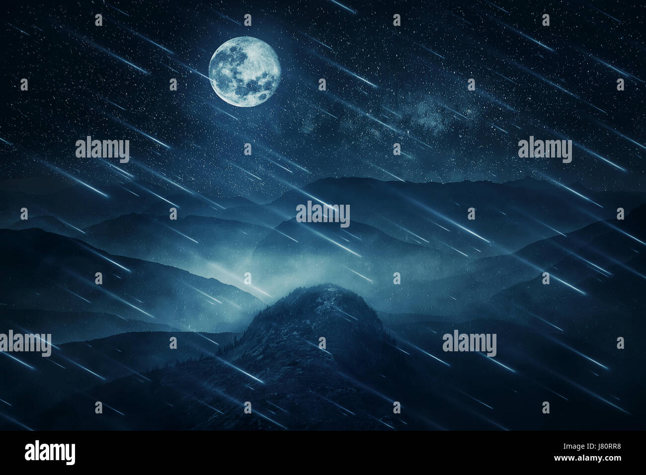 Full Moon Night Landscape As Blue Stars Falling Above The Misty Hills Stock Photo Alamy