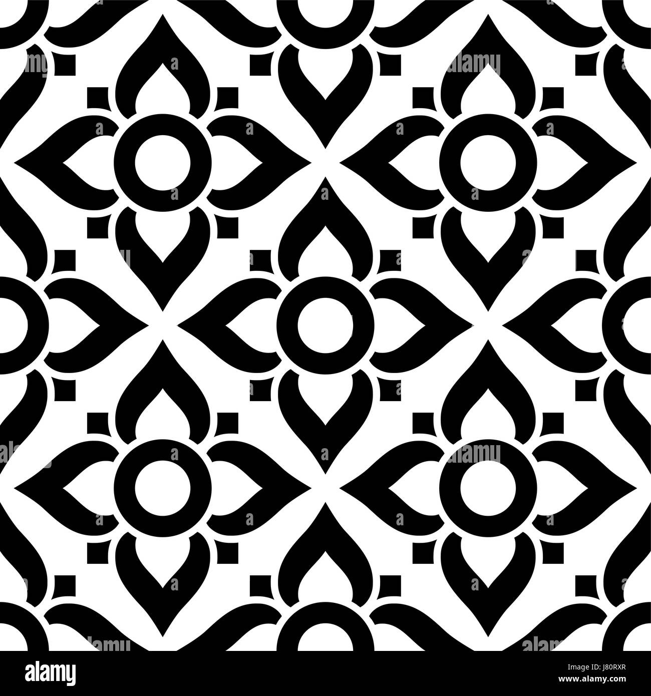 Thai seamless pattern with flowers black and white tile, inspired by art from Thailand Stock