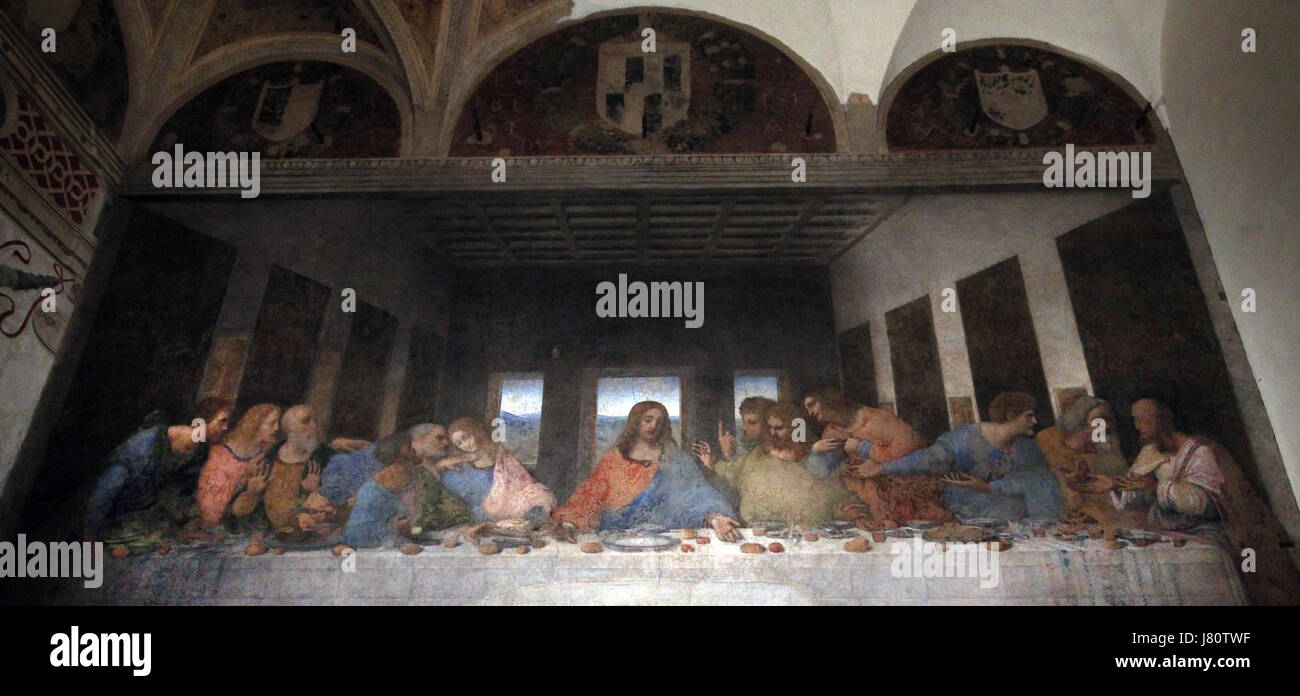 The Last Supper is a late 15th-century mural painting by Leonardo da Vinci in the Santa Maria dell Grazie, Milan, Italy. Stock Photo