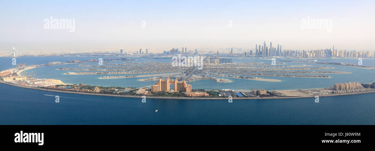 Dubai The Palm Jumeirah Island Atlantis Hotel panorama Marina aerial view photography UAE Stock Photo