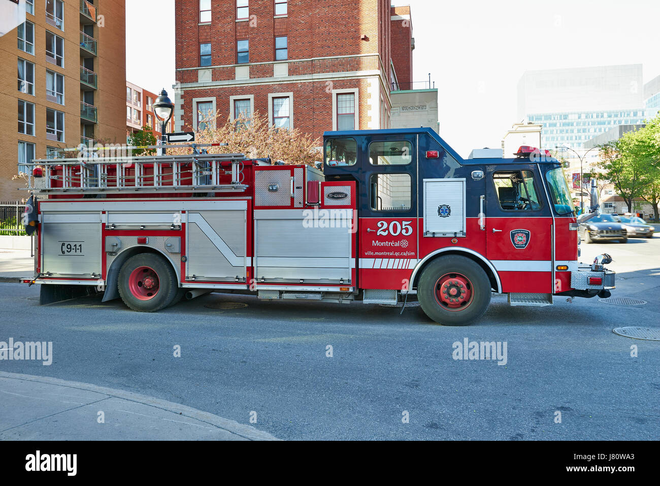 MONTREAL, QUEBEC, CANADA - 18 MAY 2017: Fire engine in Montreal Canada. Service de securite incendie de Montreal the SIM is the 7th largest fire depar Stock Photo