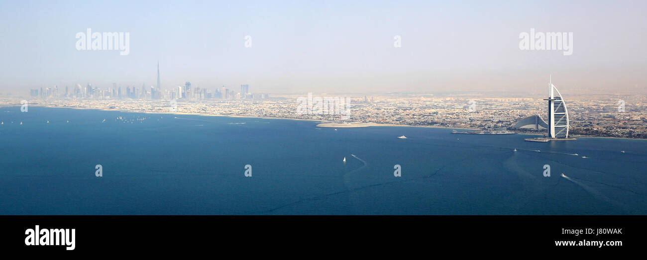 Dubai panorama Burj Khalifa Al Arab Hotel aerial view photography UAE Stock Photo