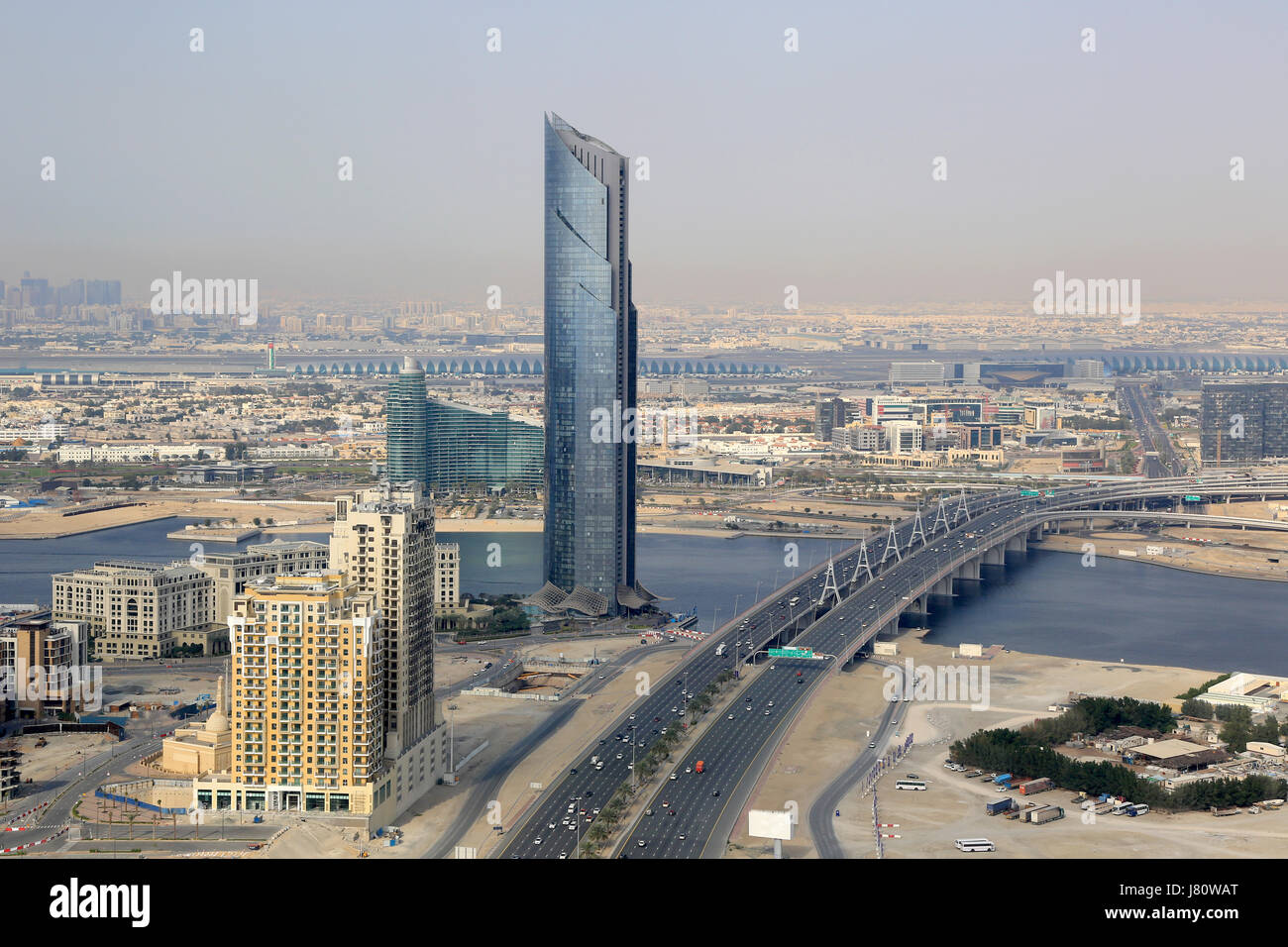 Dubai D1 Tower Business Bay Bridge aerial view photography UAE Stock Photo