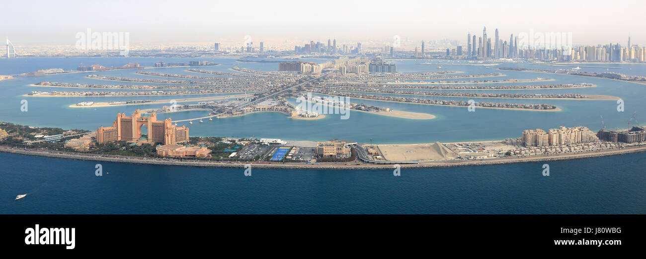 Dubai The Palm Island Atlantis Hotel panorama Marina aerial view photography UAE Stock Photo