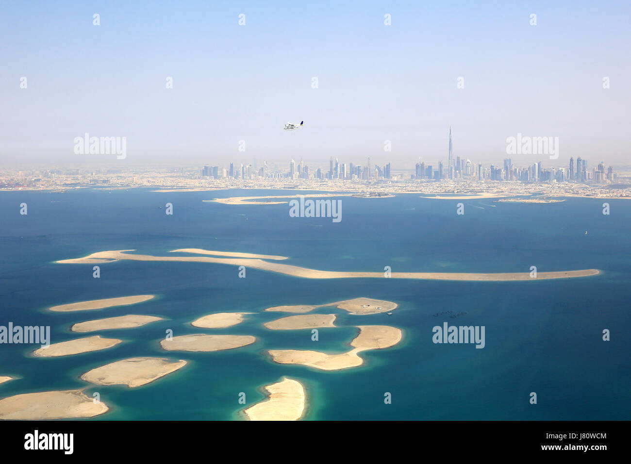Dubai The World Islands Island Burj Khalifa aerial view photography UAE Stock Photo