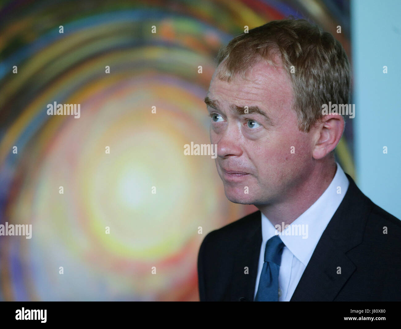 Liberal Democrat leader Tim Farron visits the Tim Parry & Johnathan Ball Foundation for Peace, during a General Election campaign event in Warrington. Stock Photo