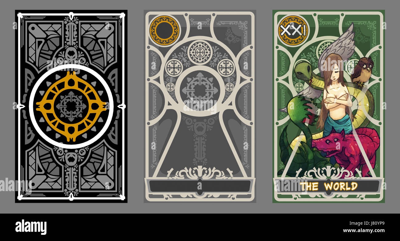 Tarot card illustration set.  Suit of the world and back page with clipping path. Stock Photo