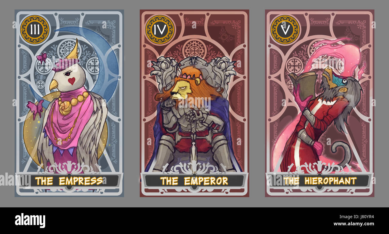 Tarot card illustration set.  Suit of the empress, suit of the emperor and suit of the  hierophant with clipping path. Stock Photo