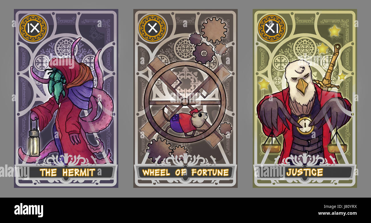 Tarot card illustration set.  Suit of the hermit, suit of wheel of fortune and suit of justice with clipping path. Stock Photo