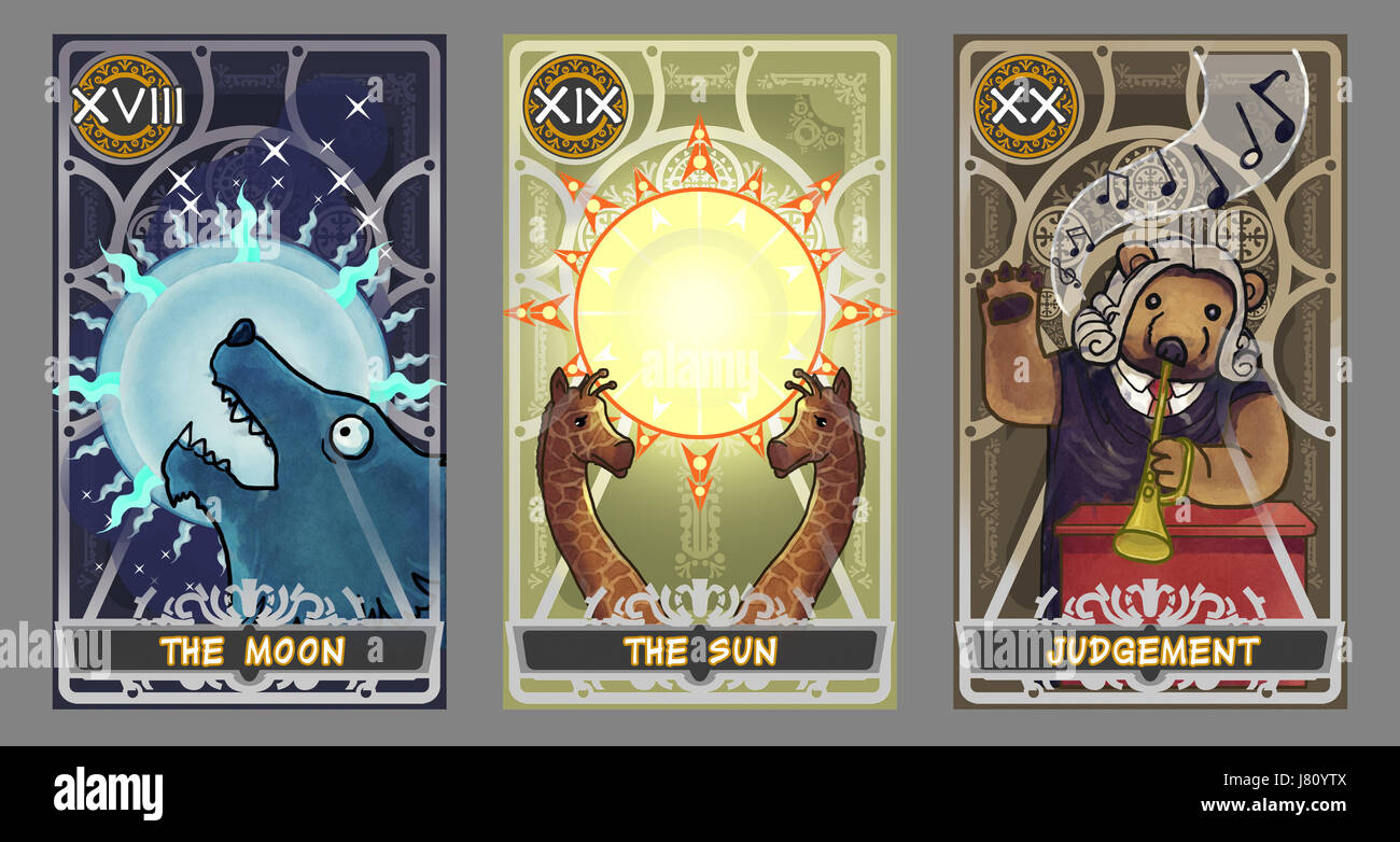 Tarot card illustration set.  Suit of the moon, suit of the sun and suit of judgement with clipping path. Stock Photo