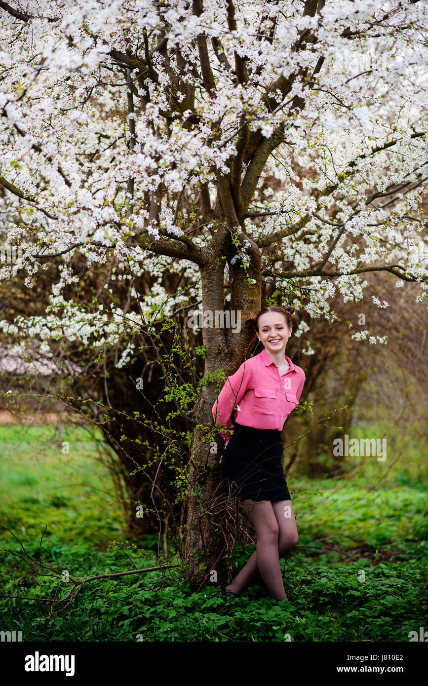 Young beautiful girl in a pink shirt standing under blossoming apple ...