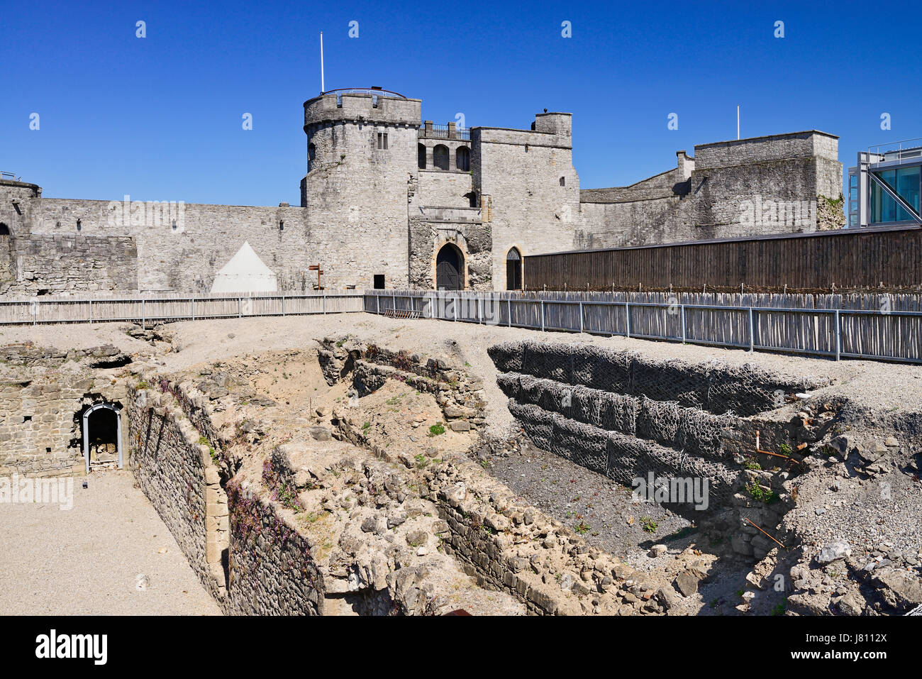 Ireland, County Limerick, Limerick City, St Johns Castle the Courtyard including excavation area of the Great Hall. Stock Photo