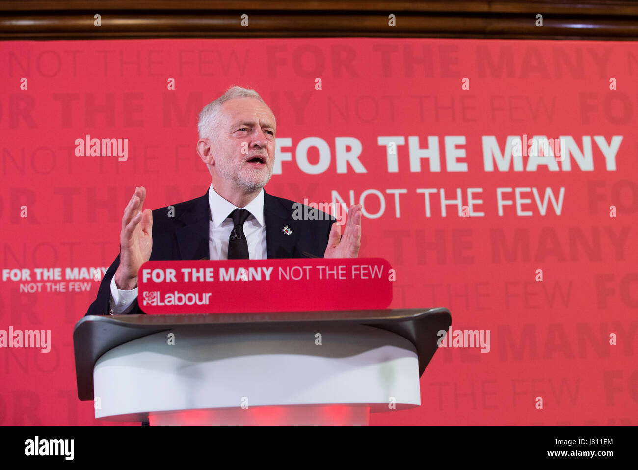 Labour leader, Jeremy Corbyn,  campaigning for the June 8th general election. He talks about defence following the terrorist attack in Manchester Stock Photo