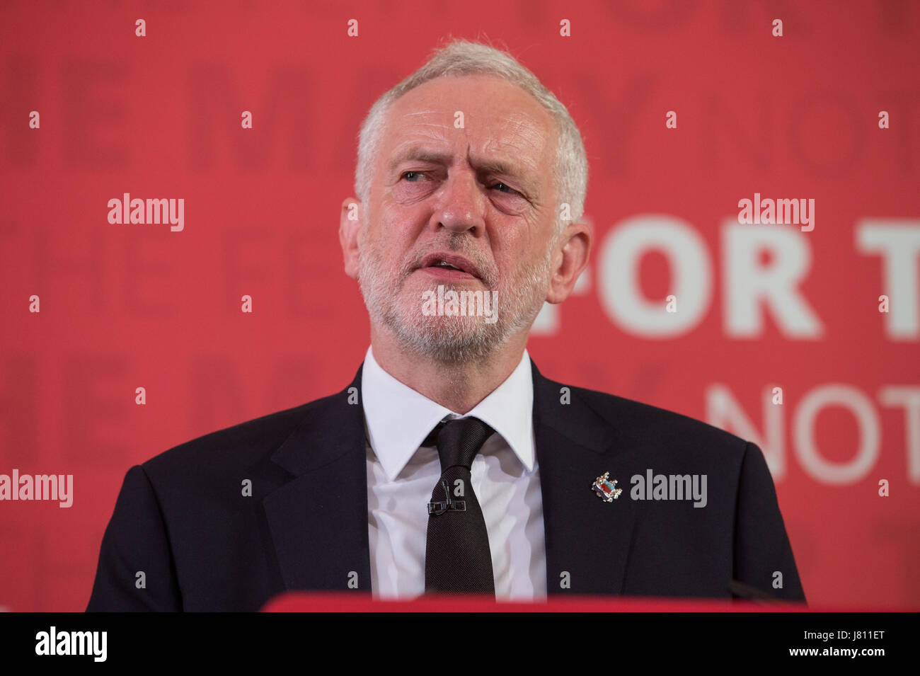 Labour leader, Jeremy Corbyn,  campaigning for the June 8th general election. He talks about defence following the terrorist attack in Manchester Stock Photo